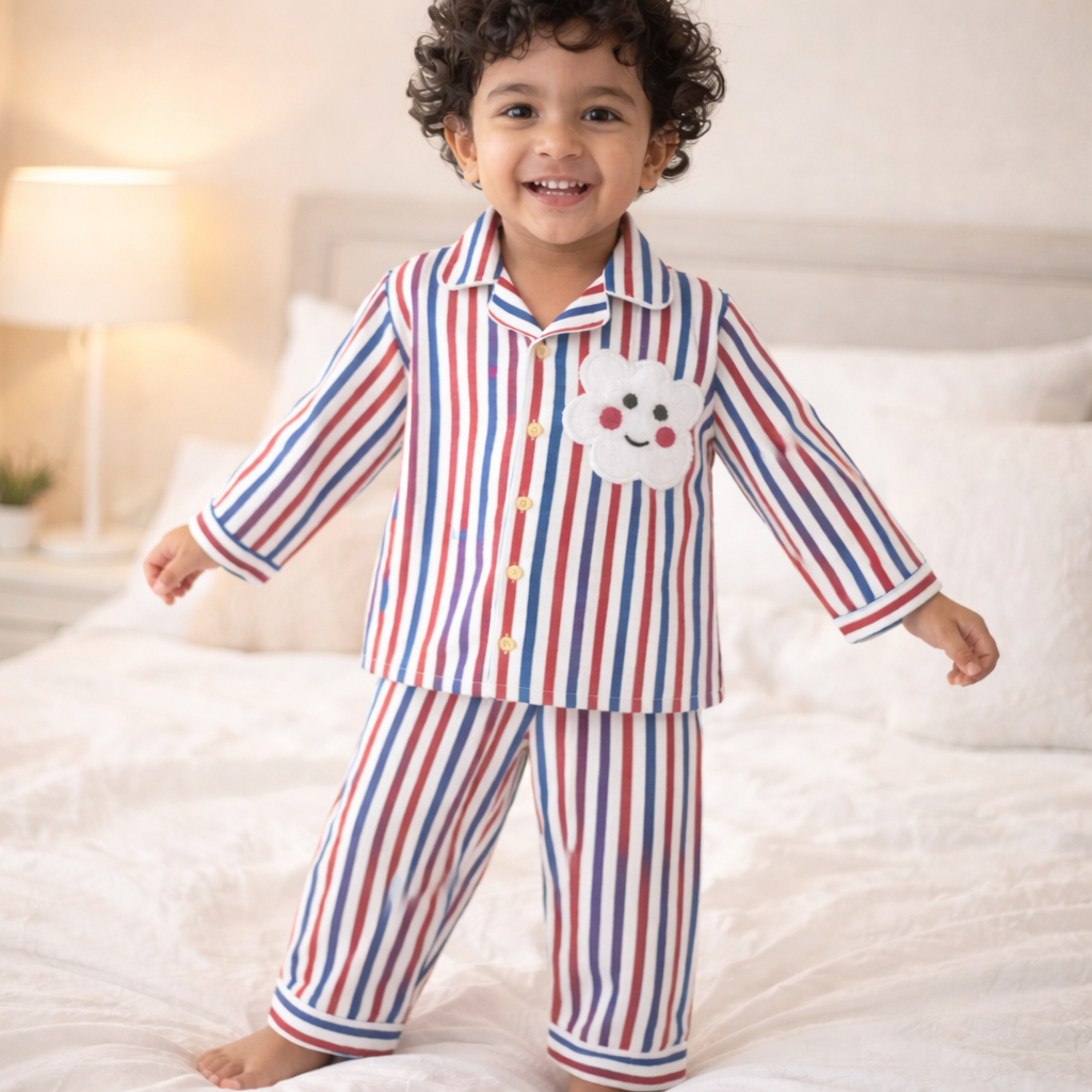 Cotton Striped Night Suit with Front Open Shirt & Cute Patch - Multi Color
