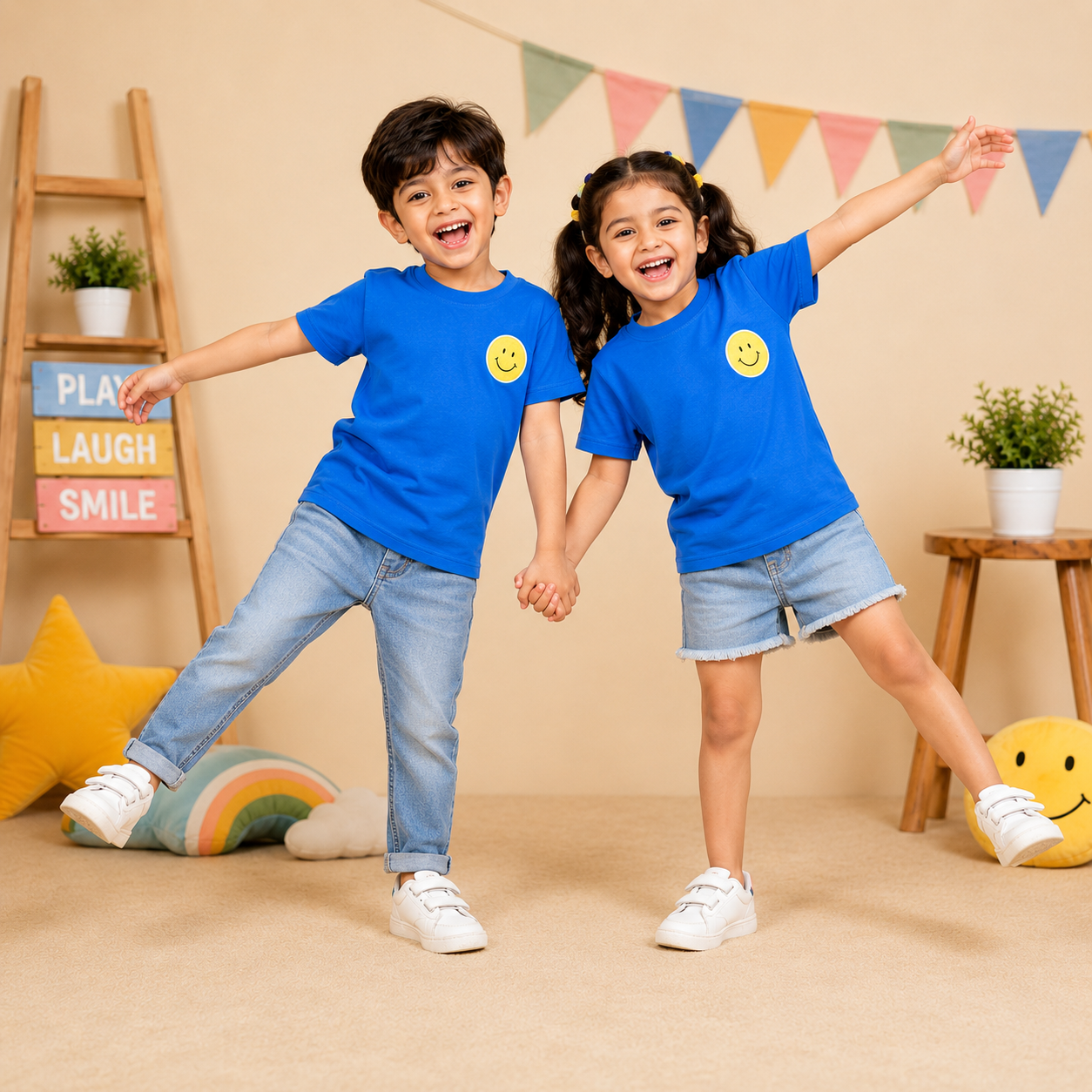 Kids Blue Cotton T-Shirt with Yellow Smiley Motif