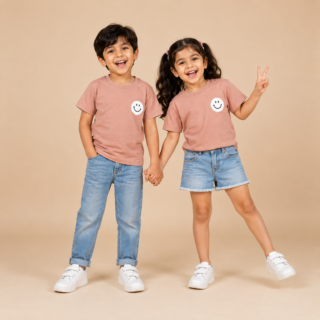 Kids Beige Smiley Patch T-Shirt