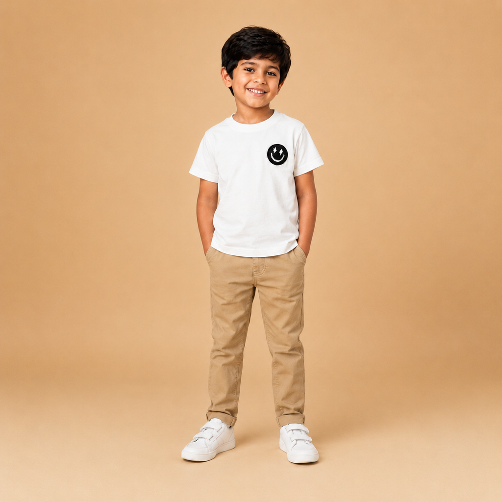 White Cotton T-Shirt with Smiley Patch
