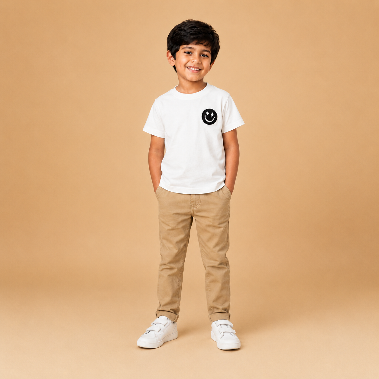 White Cotton T-Shirt with Smiley Patch