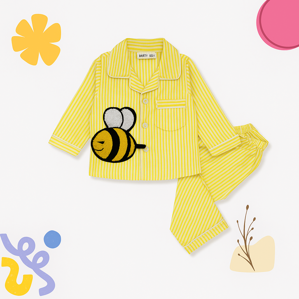 Yellow striped pajama set with bee design on a white background