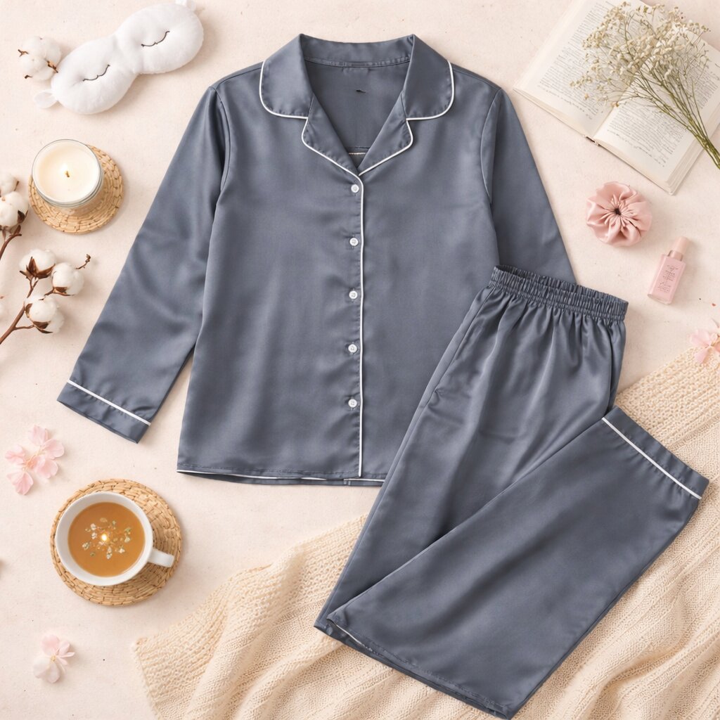 Girls grey satin night suit – flat lay product view