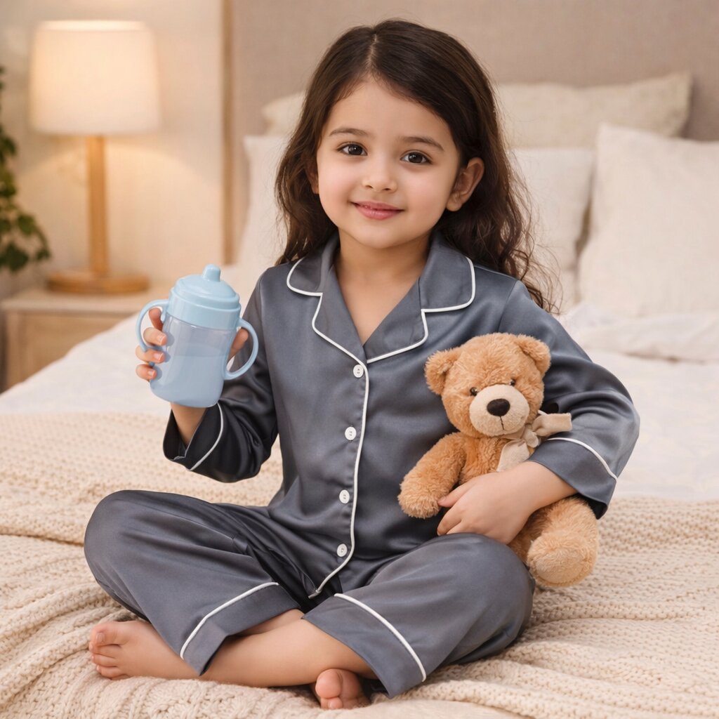 Girls grey satin night suit set – front view on child