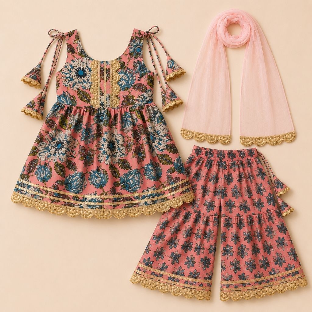 Girls Floral Printed Cotton Kurti Sharara Set with Net Dupatta | Sleeveless Ethnic Wear | Pink
