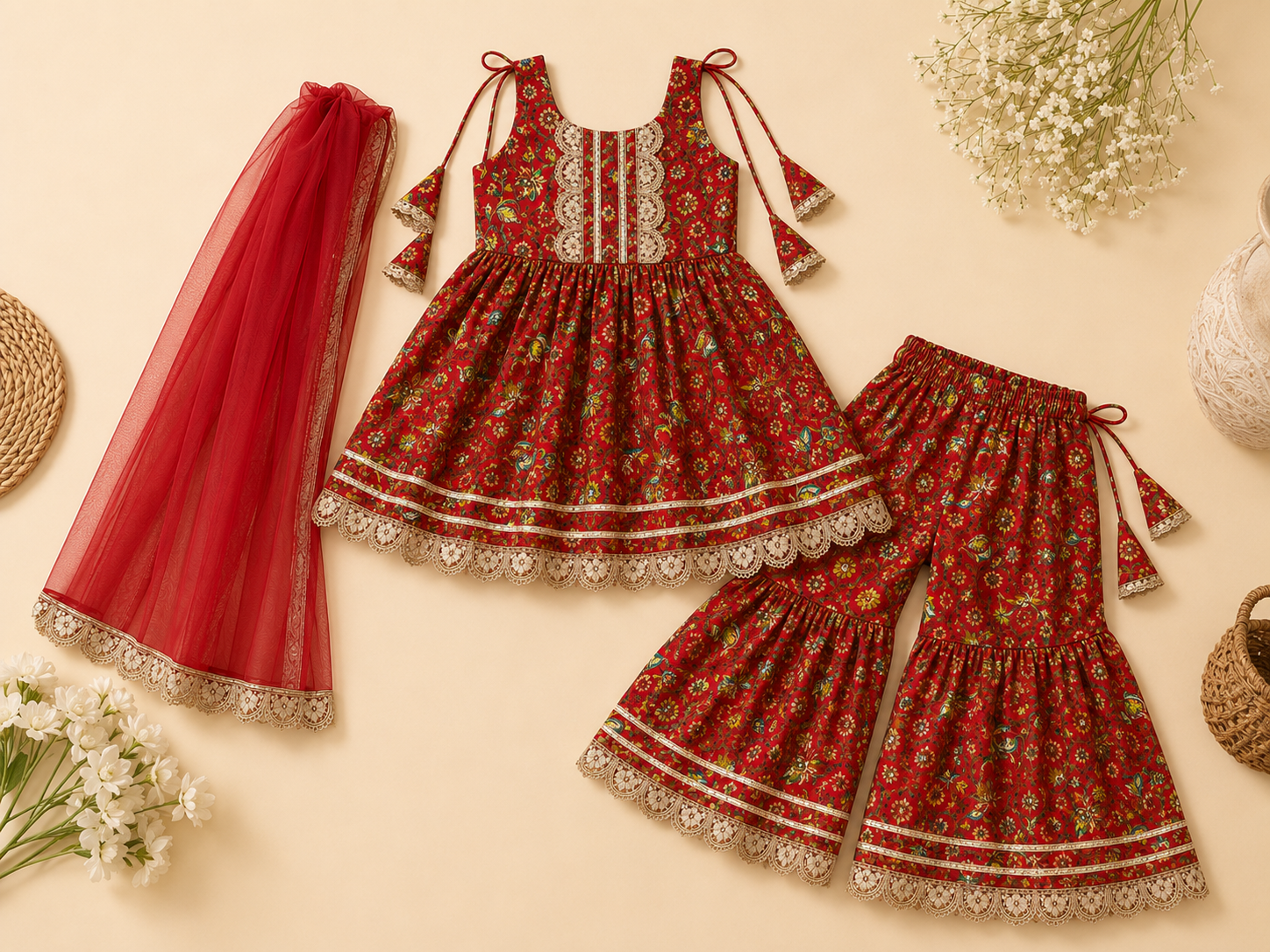 Girls Floral Printed Cotton Kurti Sharara Set with Net Dupatta | Sleeveless Festive Ethnic Wear | Red