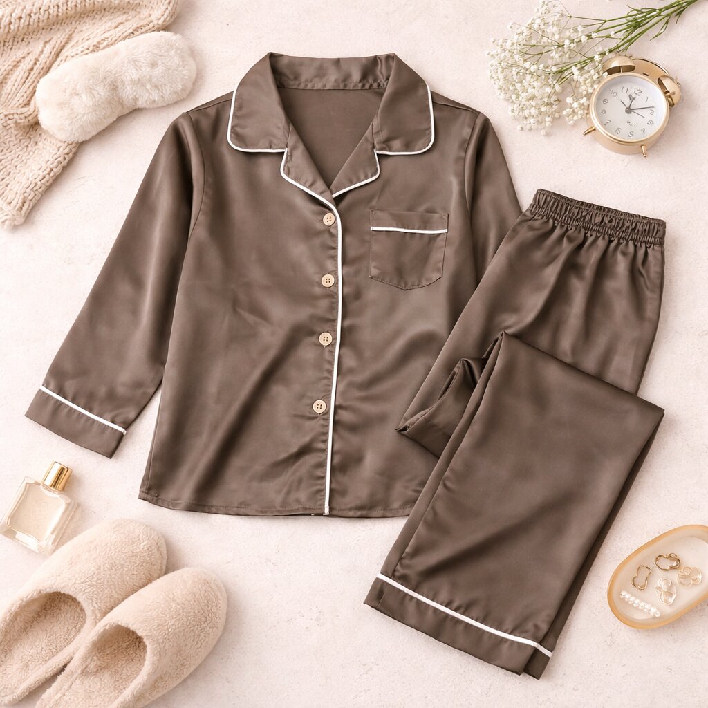Girls Coffee Brown Satin Night Suit Set | Luxury Sleepwear