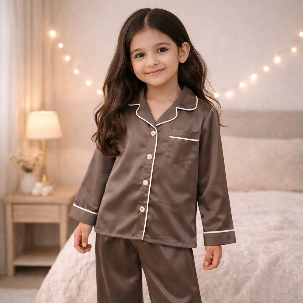 Girls Coffee Brown Satin Night Suit Set | Luxury Sleepwear