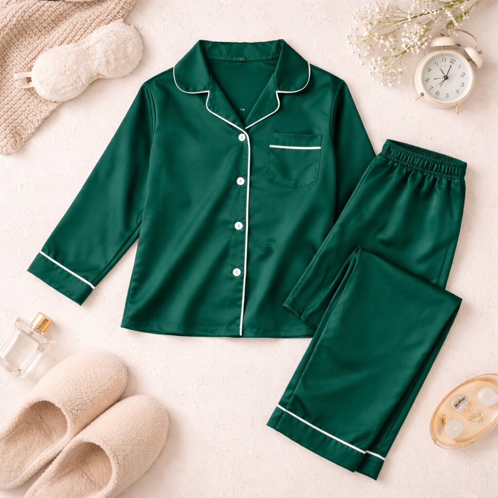 Girls Deep Green Satin Night Suit Set | Luxury Sleepwear