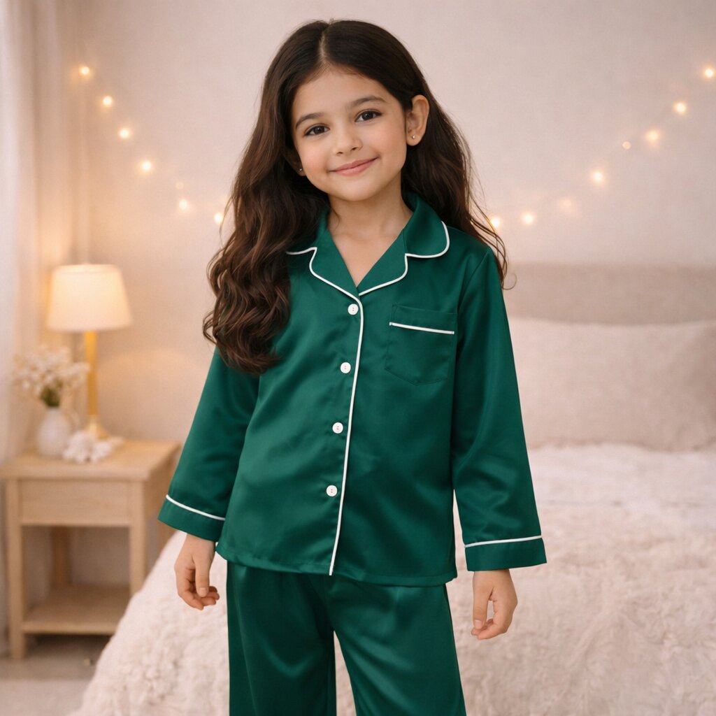 Girls Deep Green Satin Night Suit Set | Luxury Sleepwear