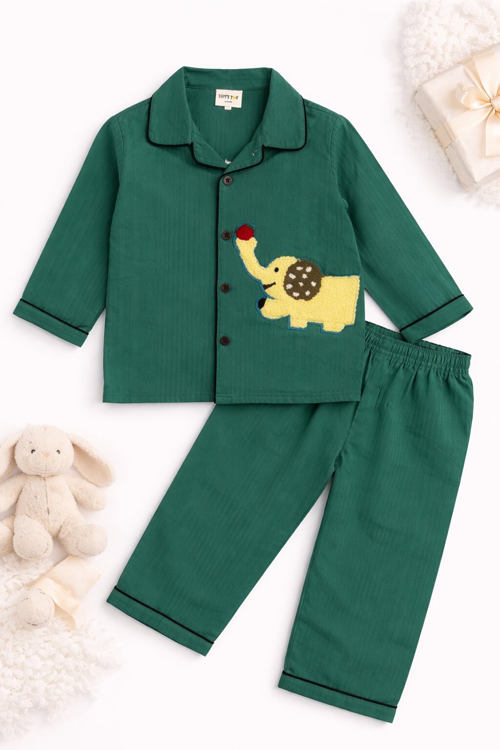 Green Cotton Night Suit with Elephant Patch