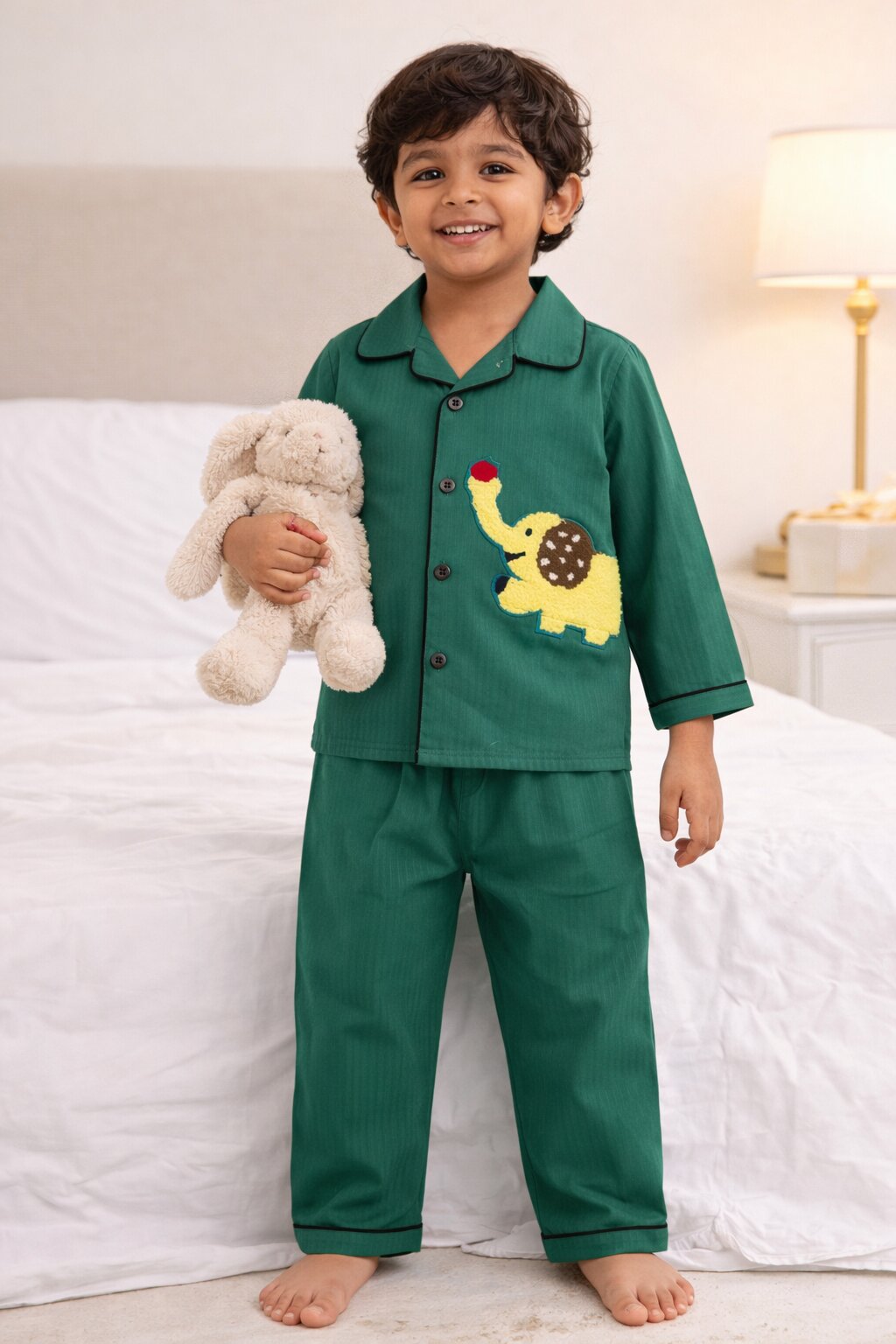 Green Cotton Night Suit with Elephant Patch