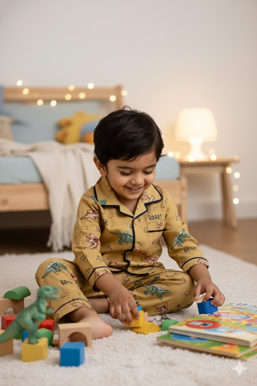 Boys Cotton Dinosaur Print Nightsuit Set (Shirt & Pajama) – Brown
