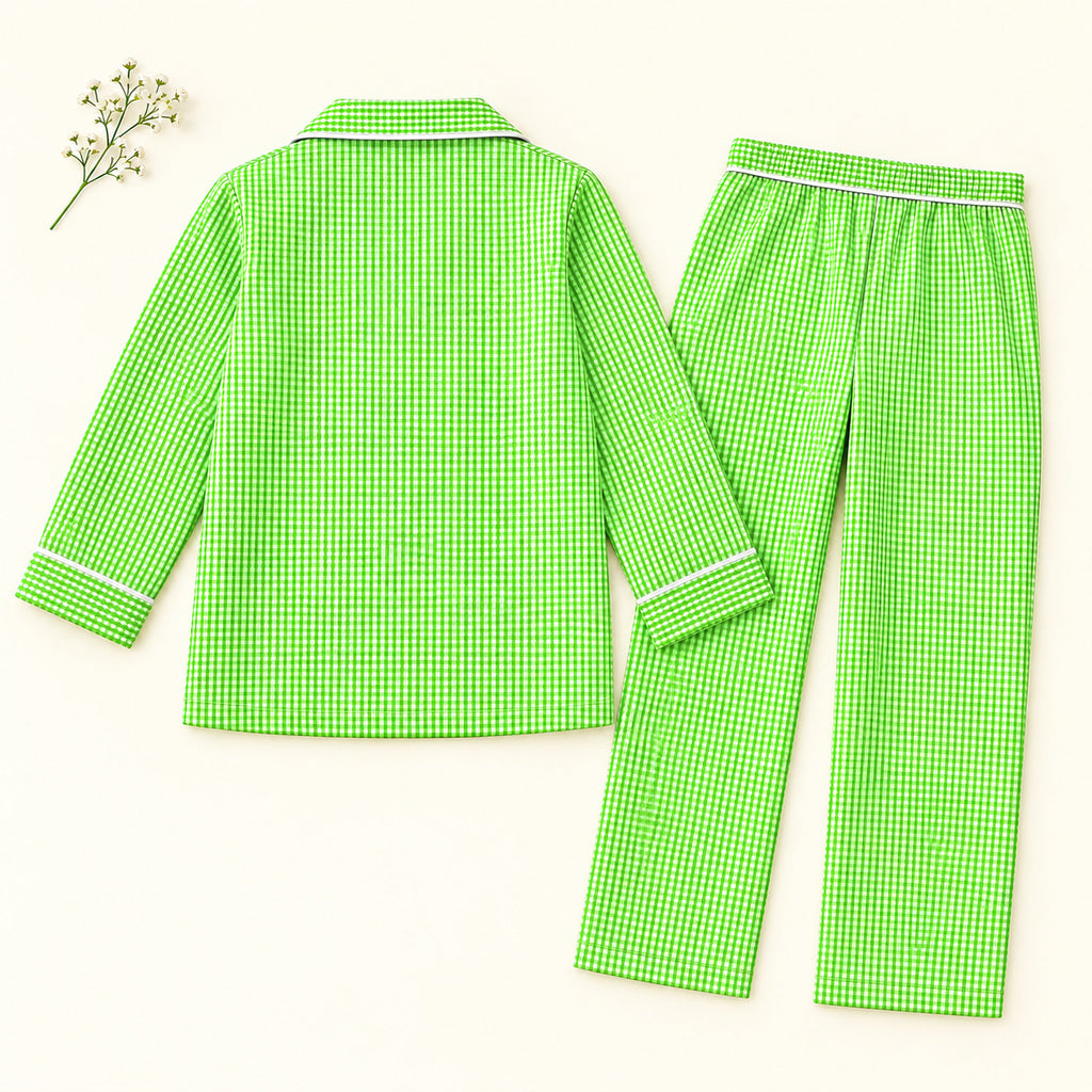 Cotton Full Sleeves Green Ghingham Coordinating Shirt & Pajama Nightsuit Set for Kids