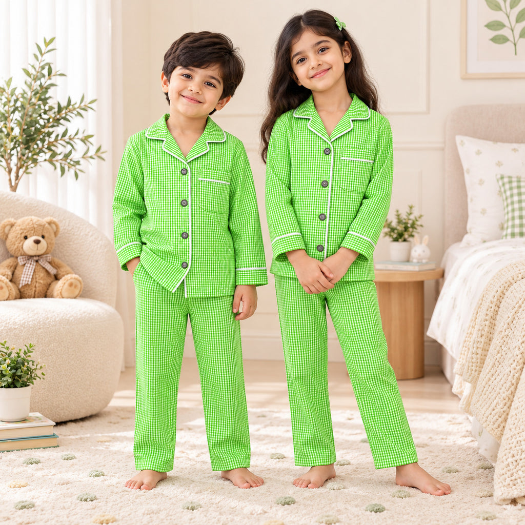 Kids Wearing Tippy Top Green Ghingham Style Cotton Night Suit