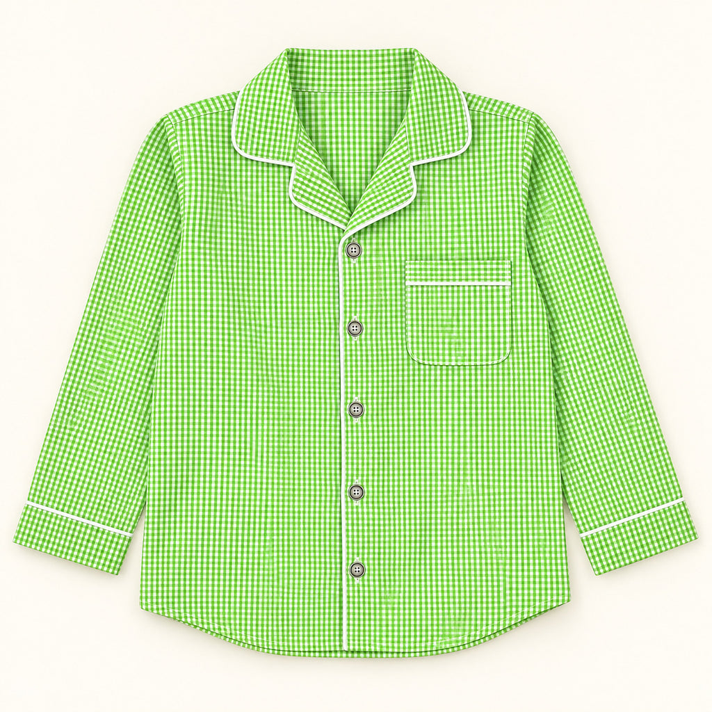 Cotton Full Sleeves Green Ghingham Coordinating Shirt & Pajama Nightsuit Set for Kids