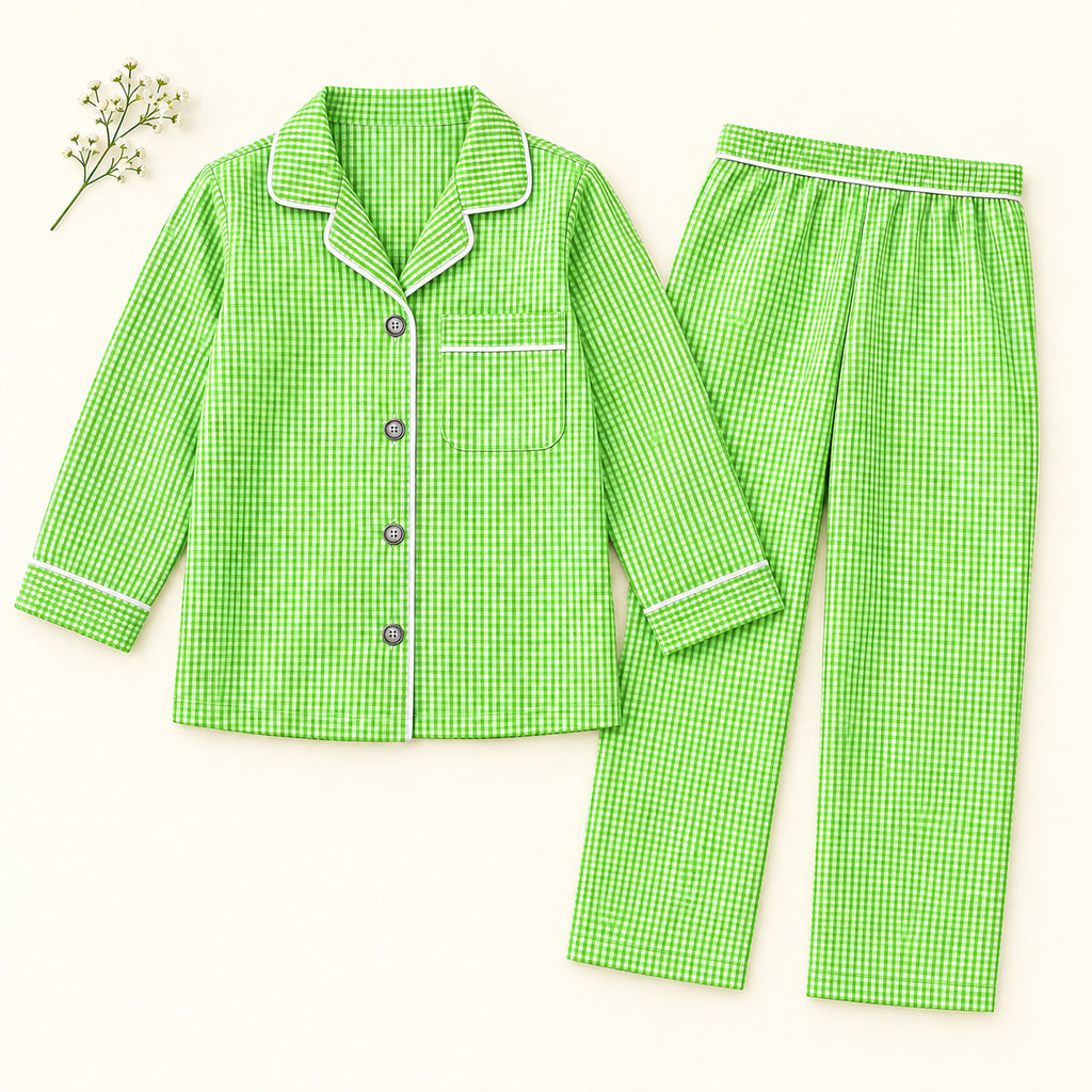 Cotton Full Sleeves Green Ghingham Coordinating Shirt & Pajama Nightsuit Set for Kids