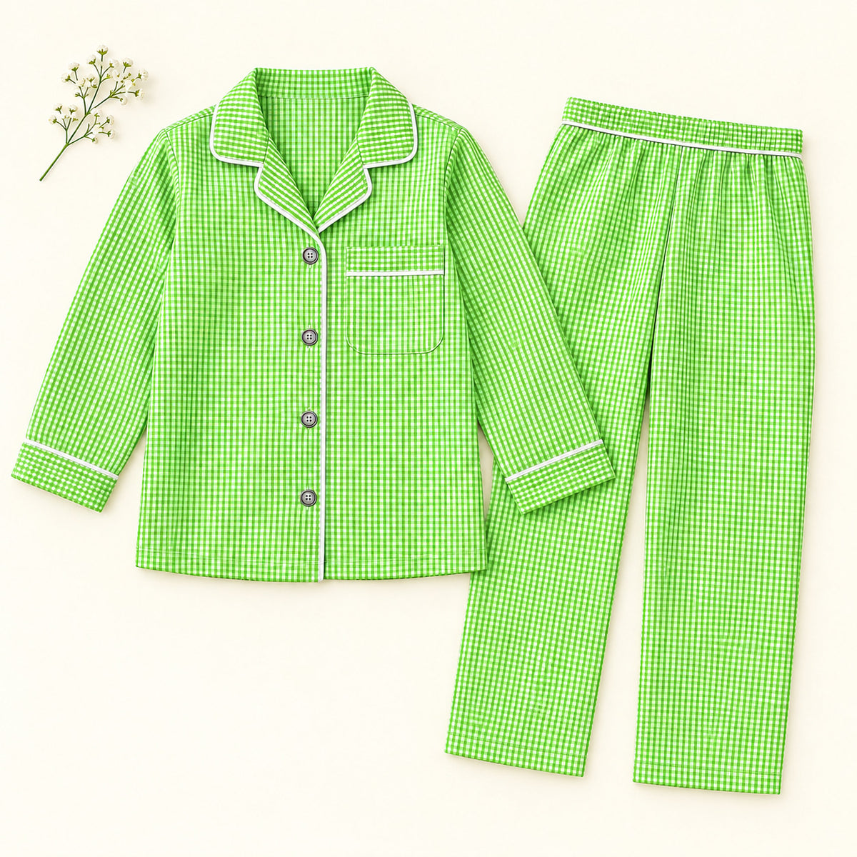 Cotton Full Sleeves Green Ghingham Coordinating Shirt & Pajama Nightsuit Set for Kids