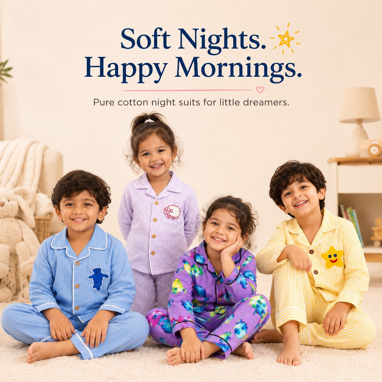 A bunch of Kids wearing Tippy Top Night Suits