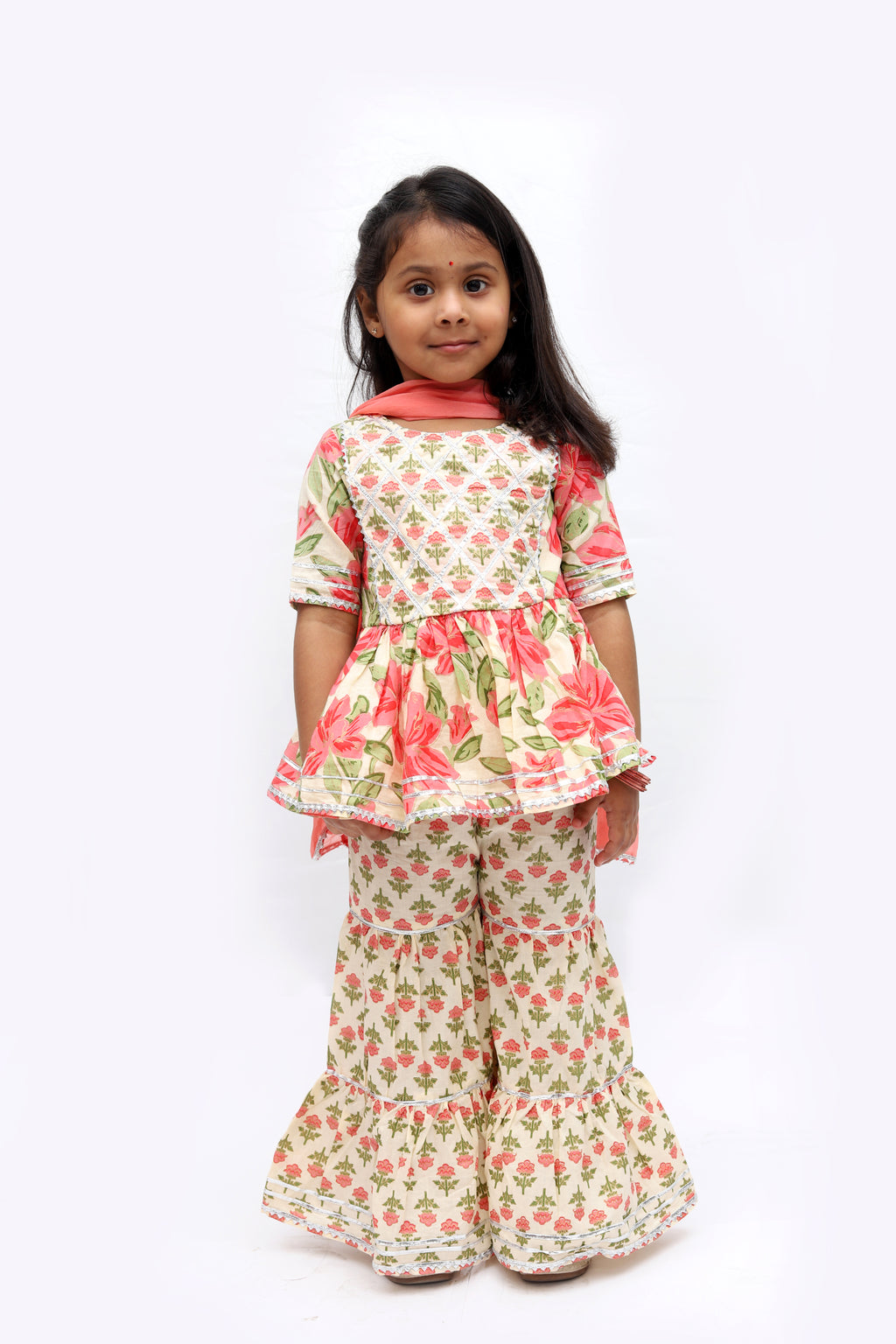 Cream & Peach Cotton Sharara Set