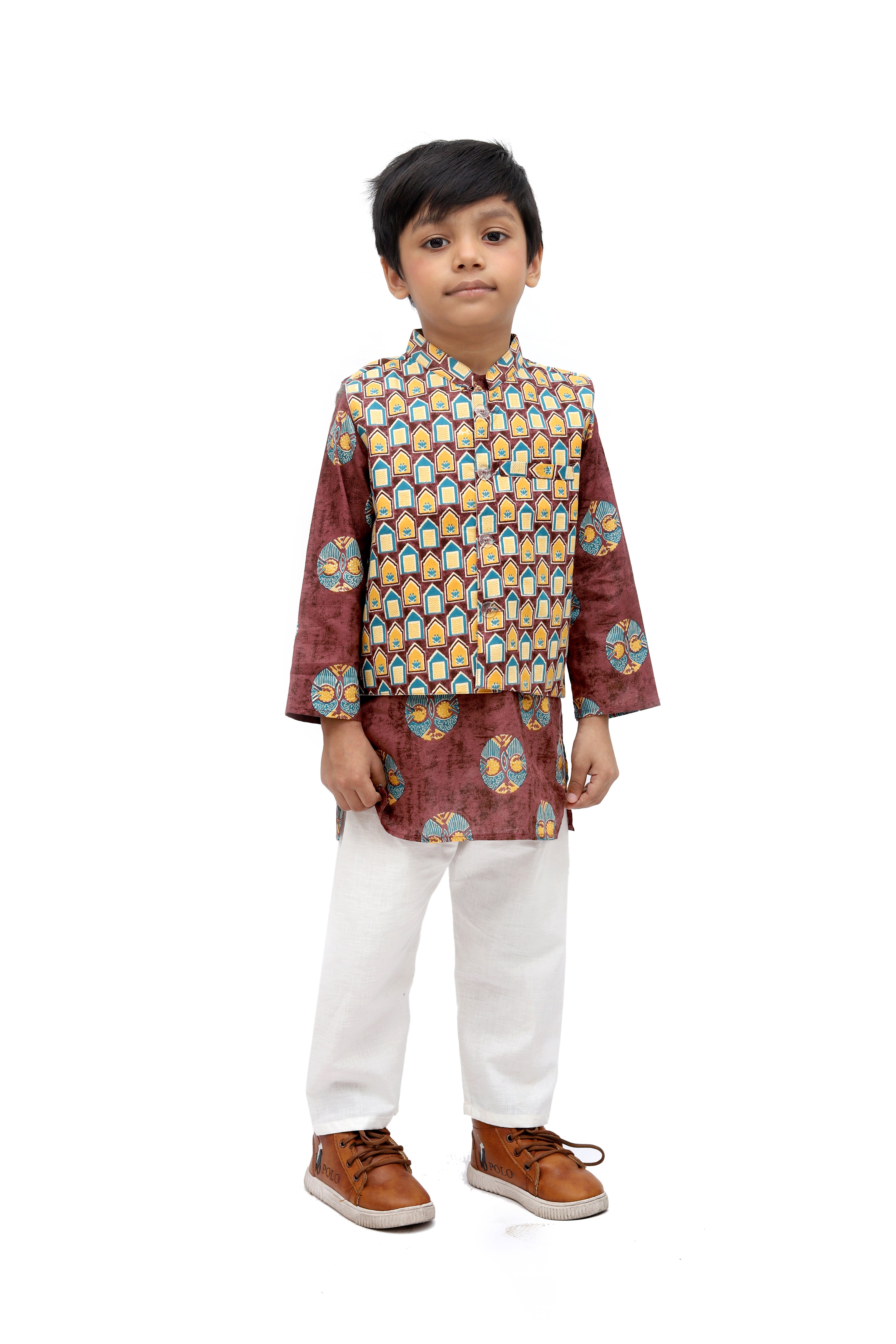 Brown Cotton Printed Nehru Jacket Kurta Set