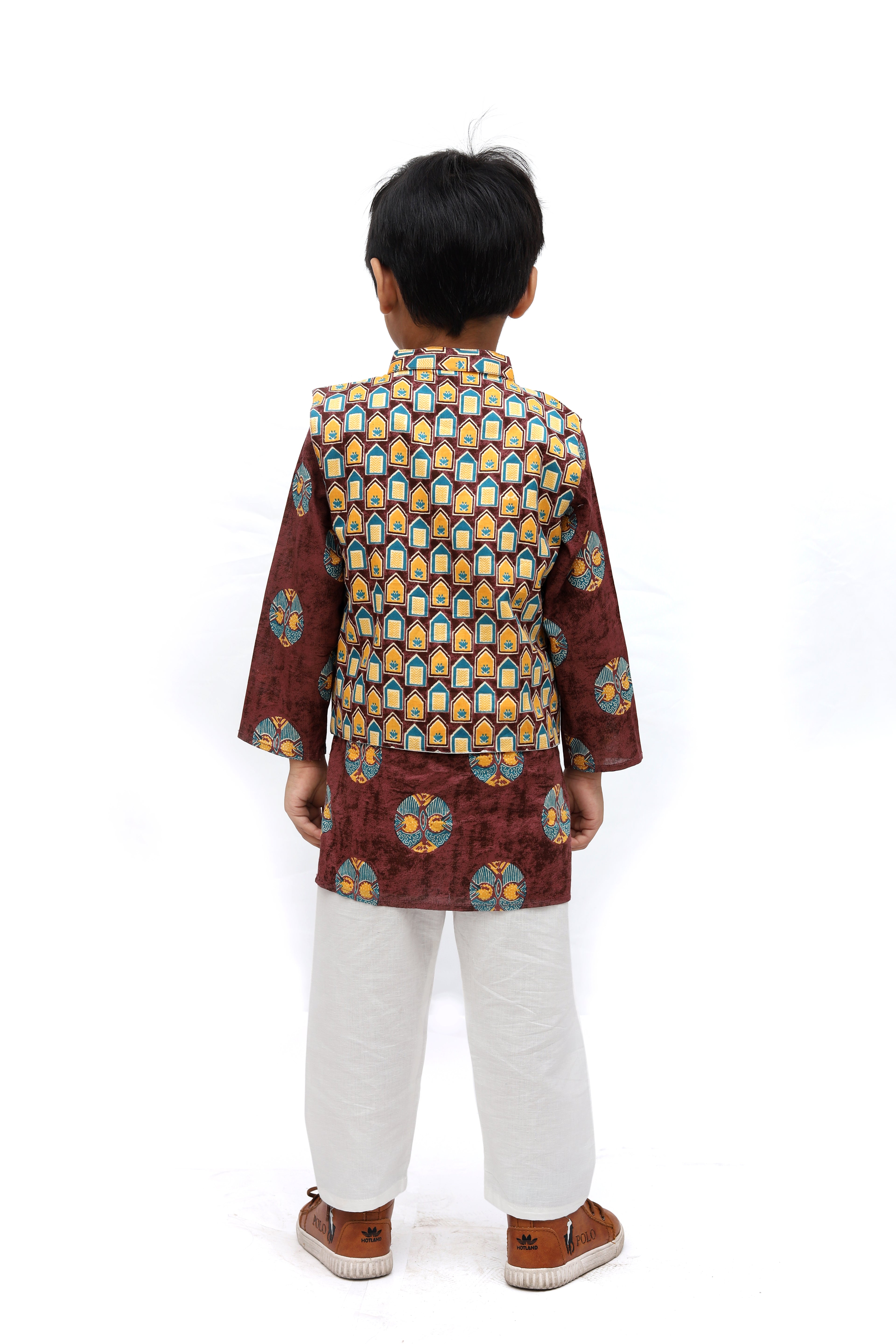 Brown Cotton Printed Nehru Jacket Kurta Set