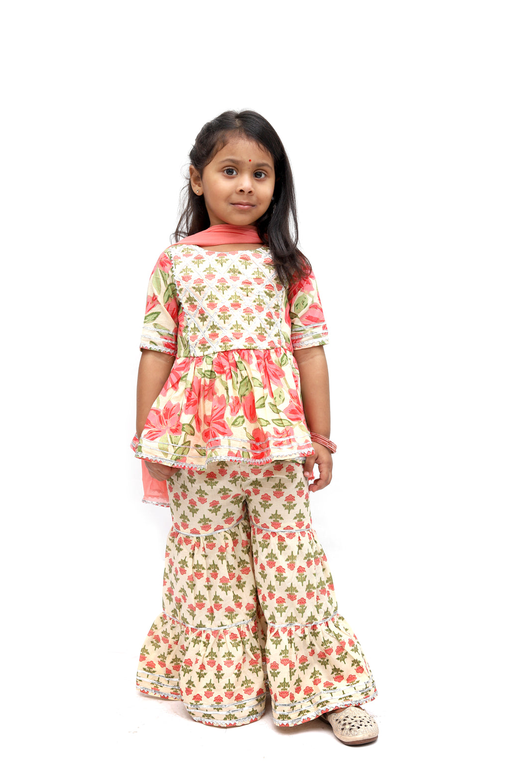 Cream & Peach Cotton Sharara Set