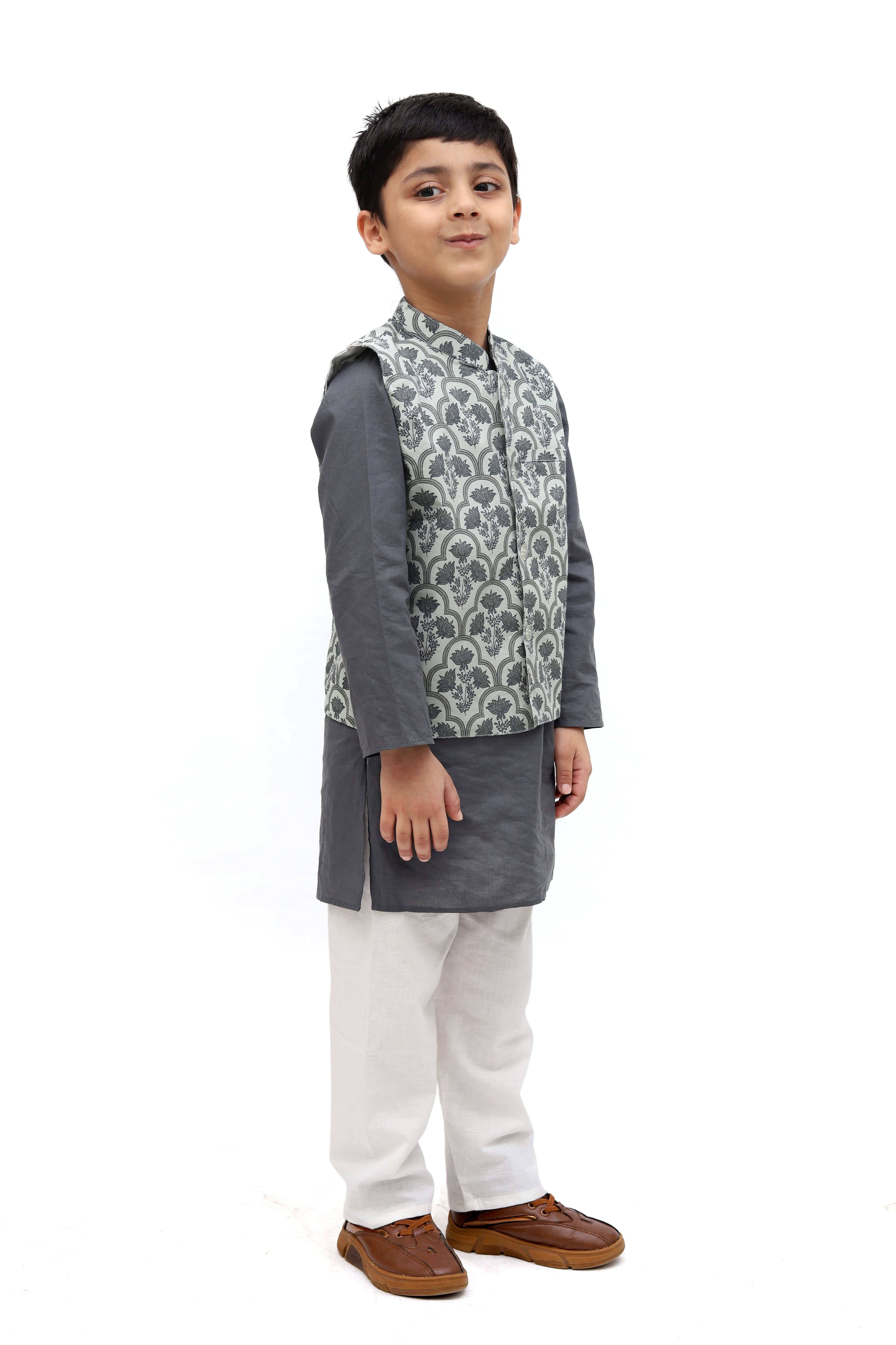 Grey Cotton Printed Nehru Jacket Kurta Set