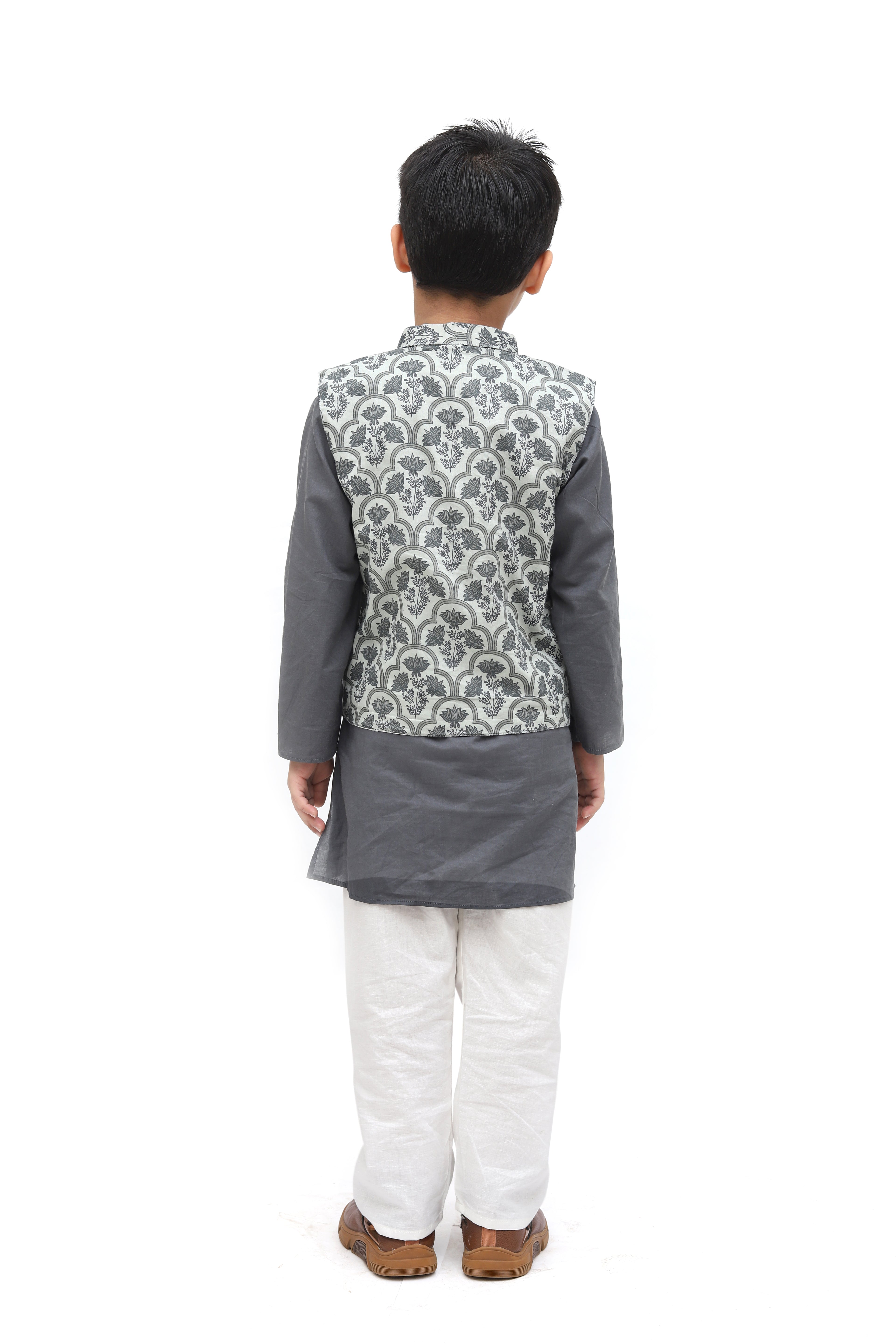 Grey Cotton Printed Nehru Jacket Kurta Set