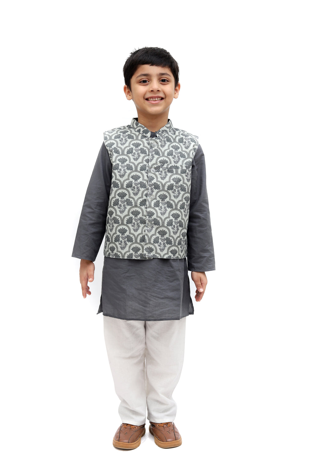 Boys Grey Cotton Nehru Jacket Kurta Pajama Set | Festive Ethnic Wear | 6M–5Y