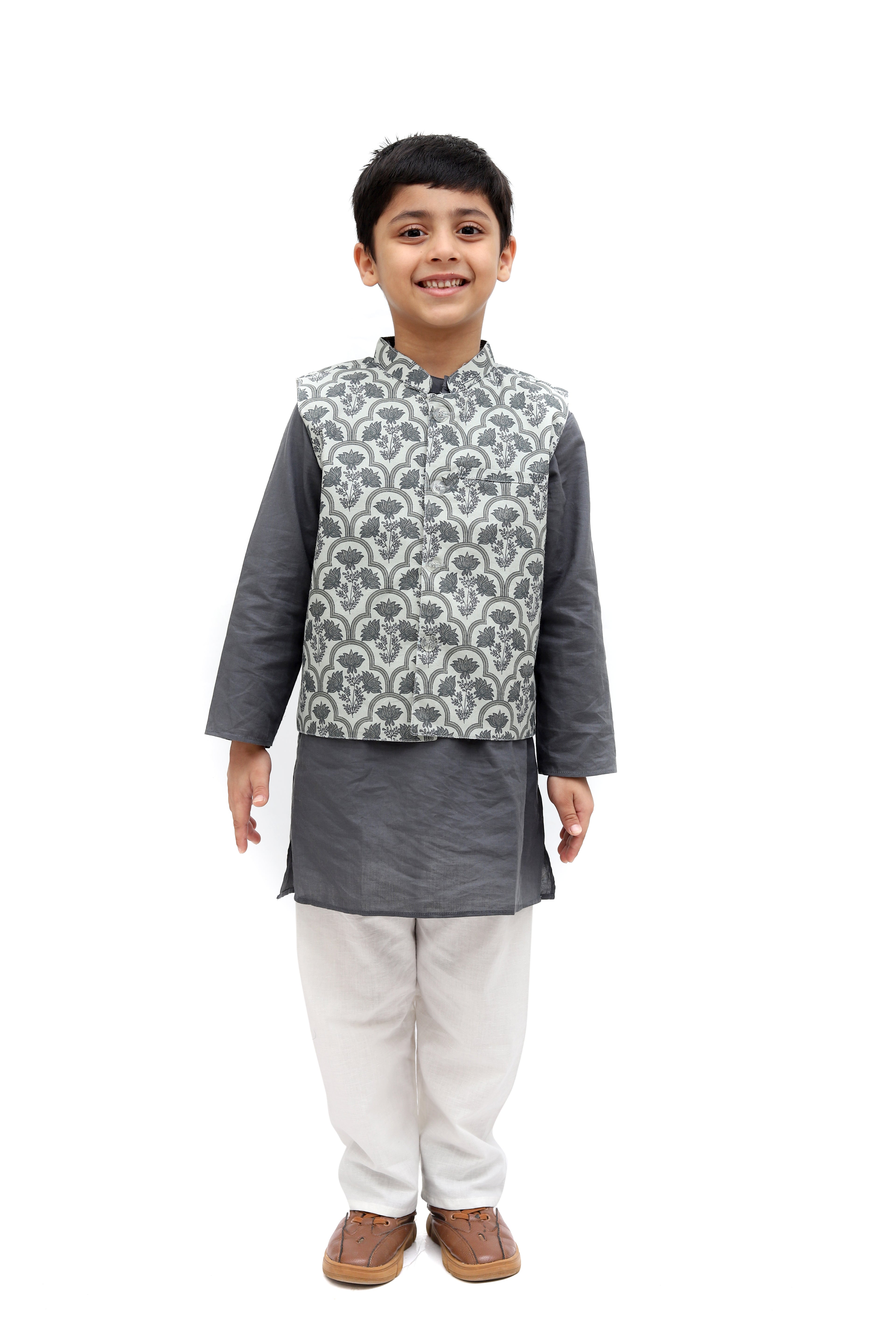 Grey Cotton Printed Nehru Jacket Kurta Set