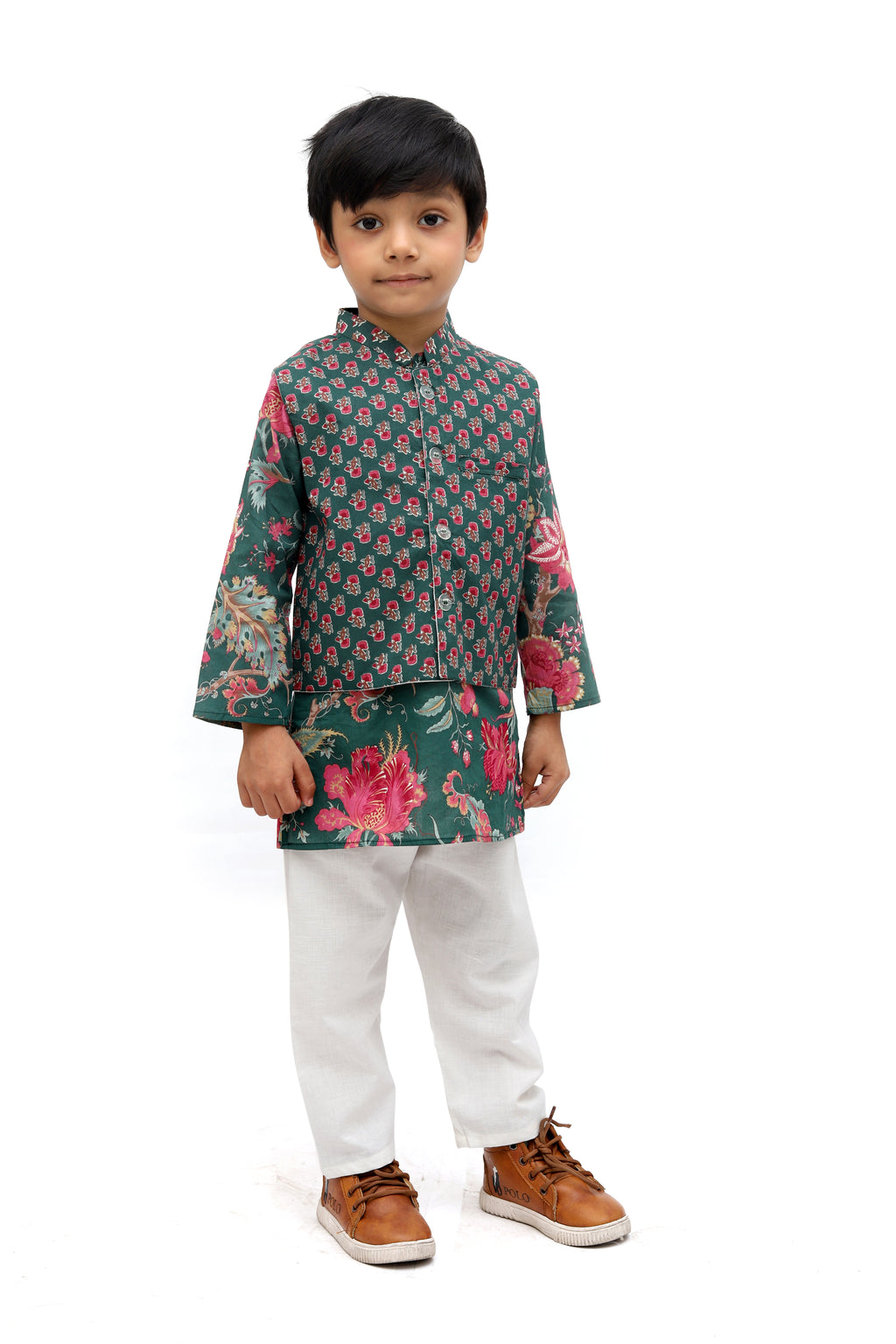 Green Cotton Floral Kurta Jacket Set