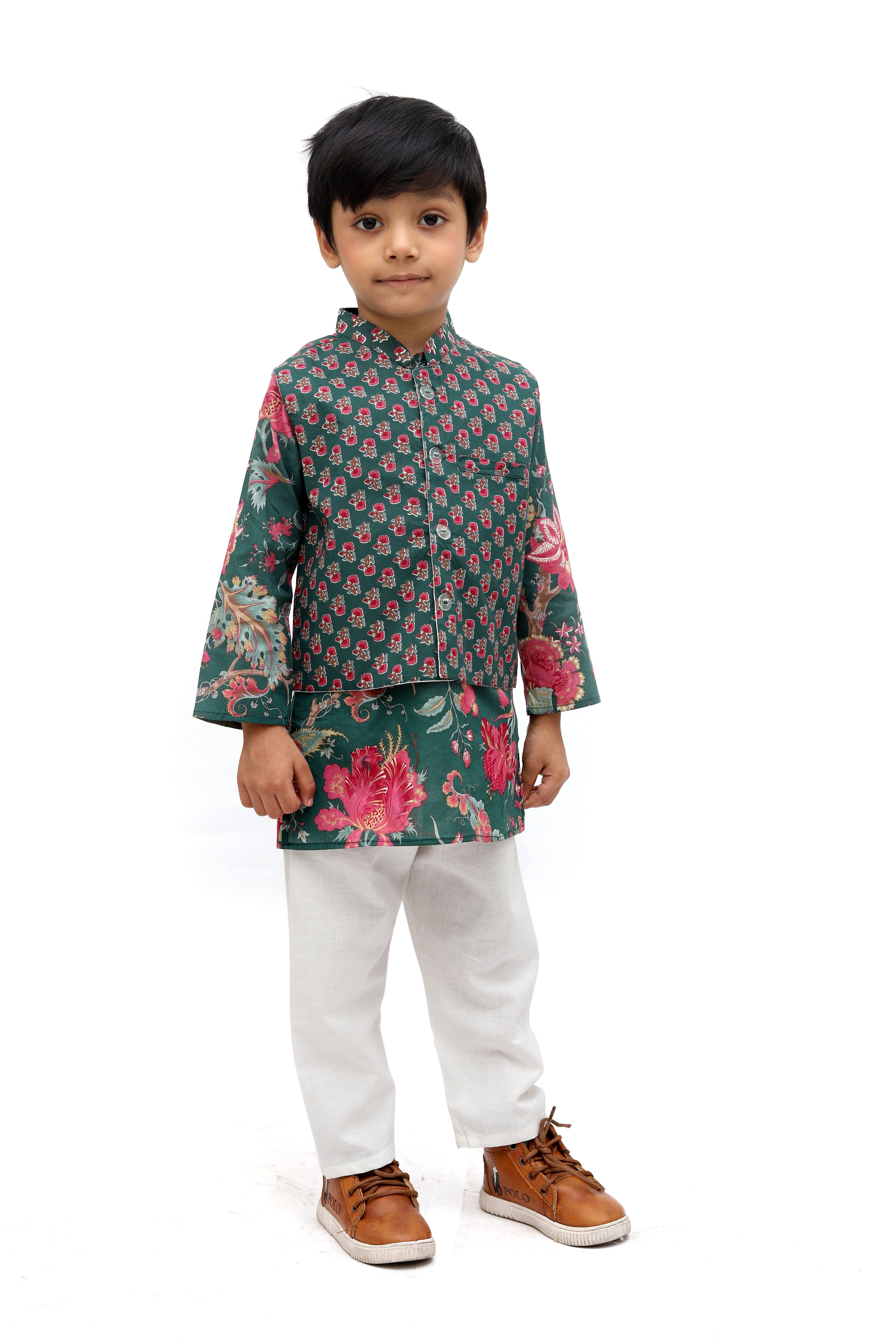 Green Cotton Floral Kurta Jacket Set