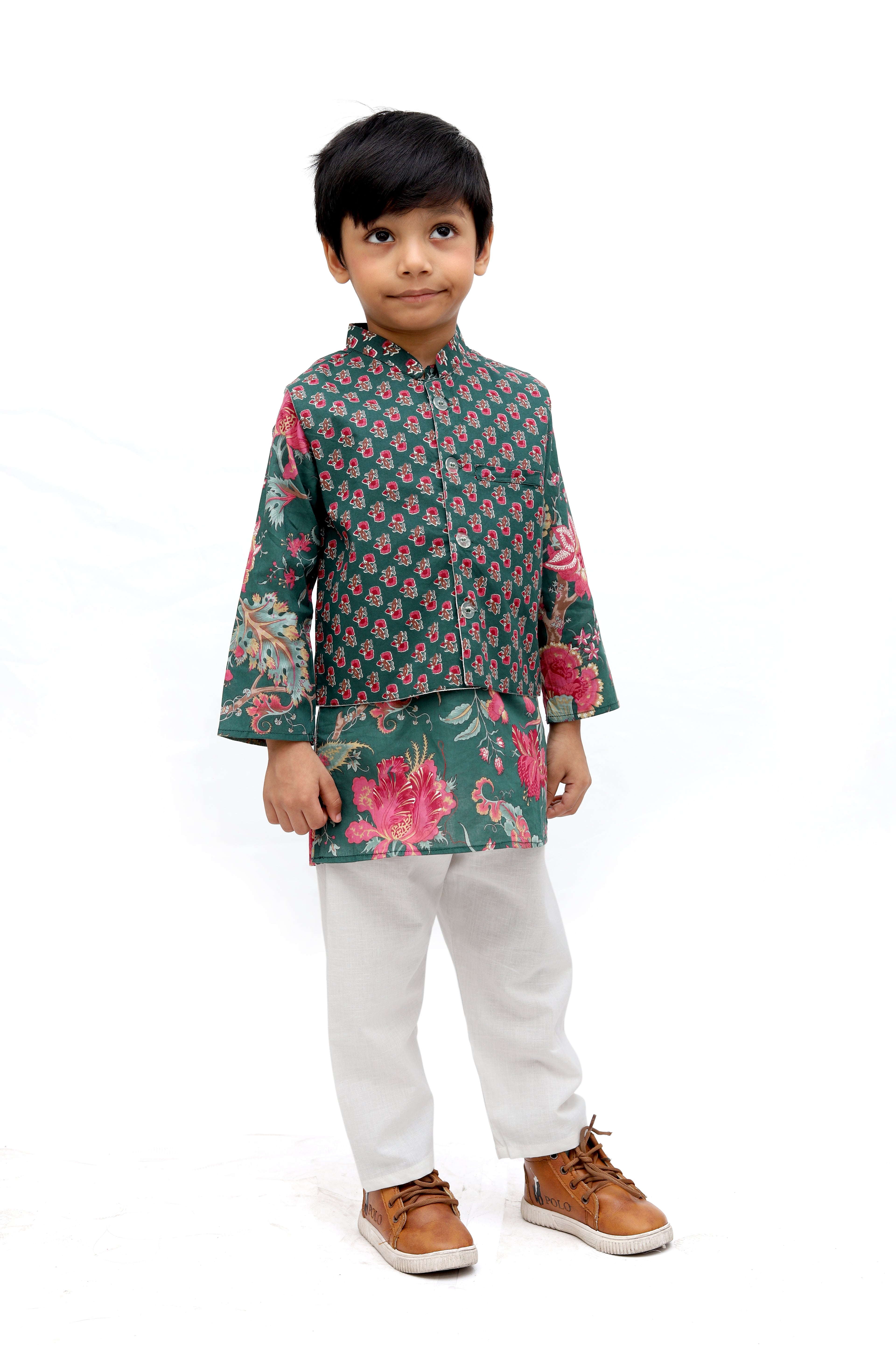 Green Cotton Floral Kurta Jacket Set