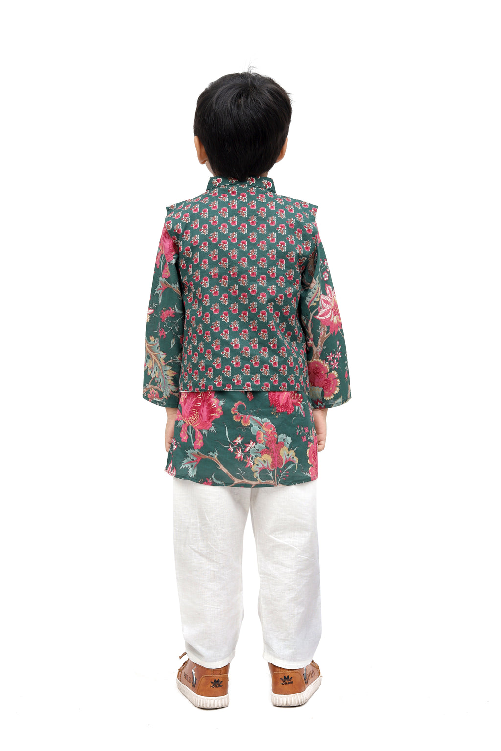 Green Cotton Floral Kurta Jacket Set