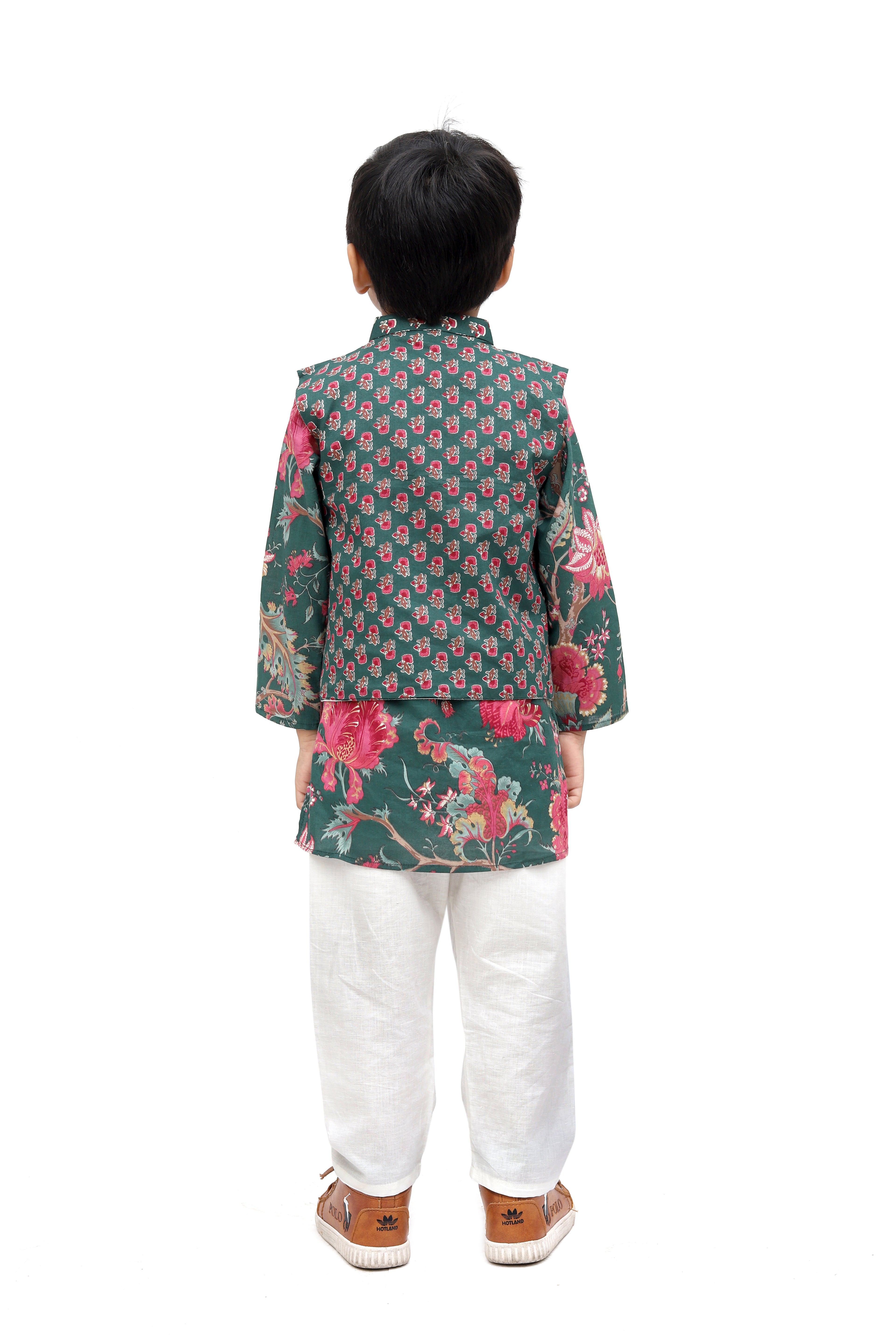 Green Cotton Floral Kurta Jacket Set