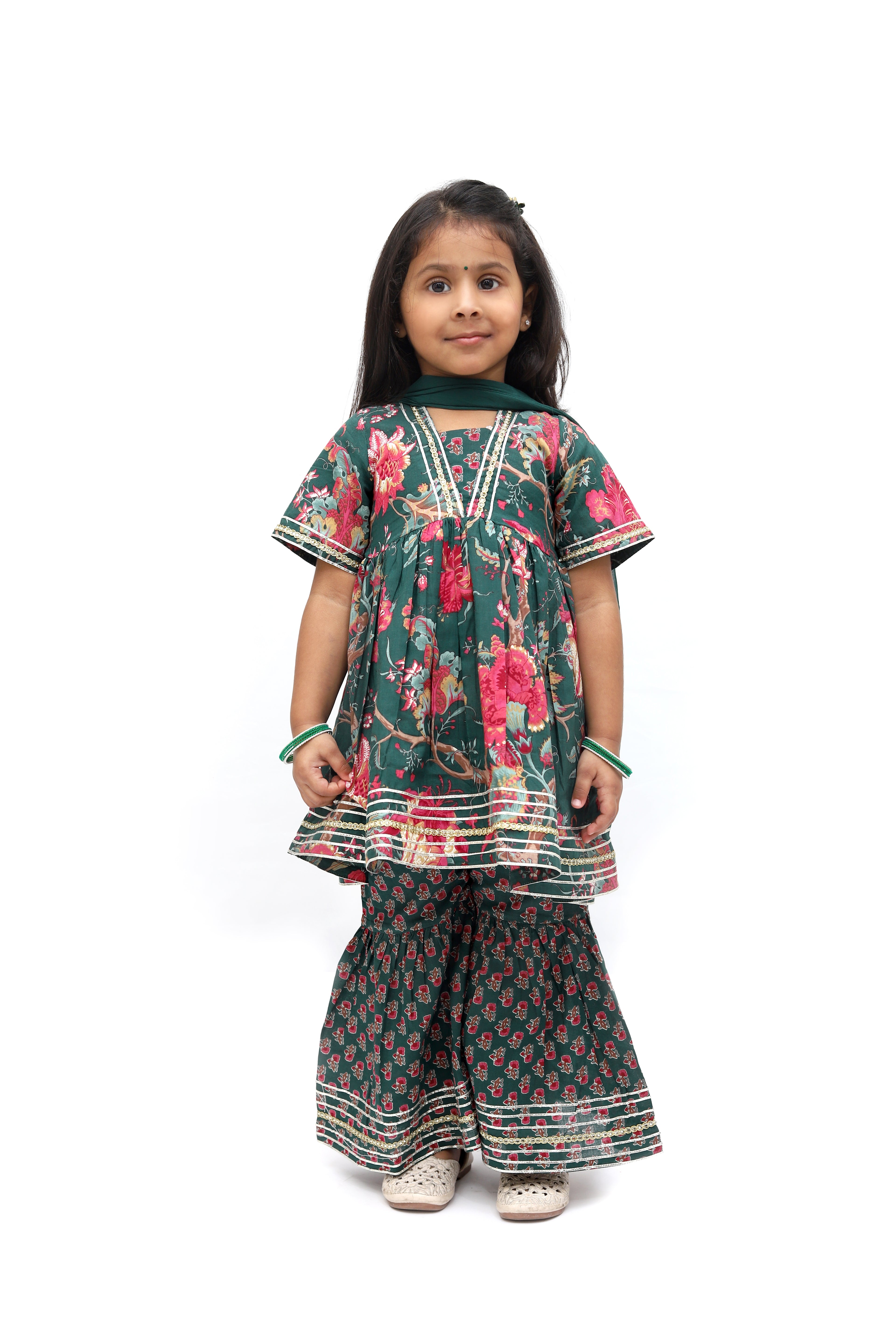 Green Cotton Floral Sharara Set