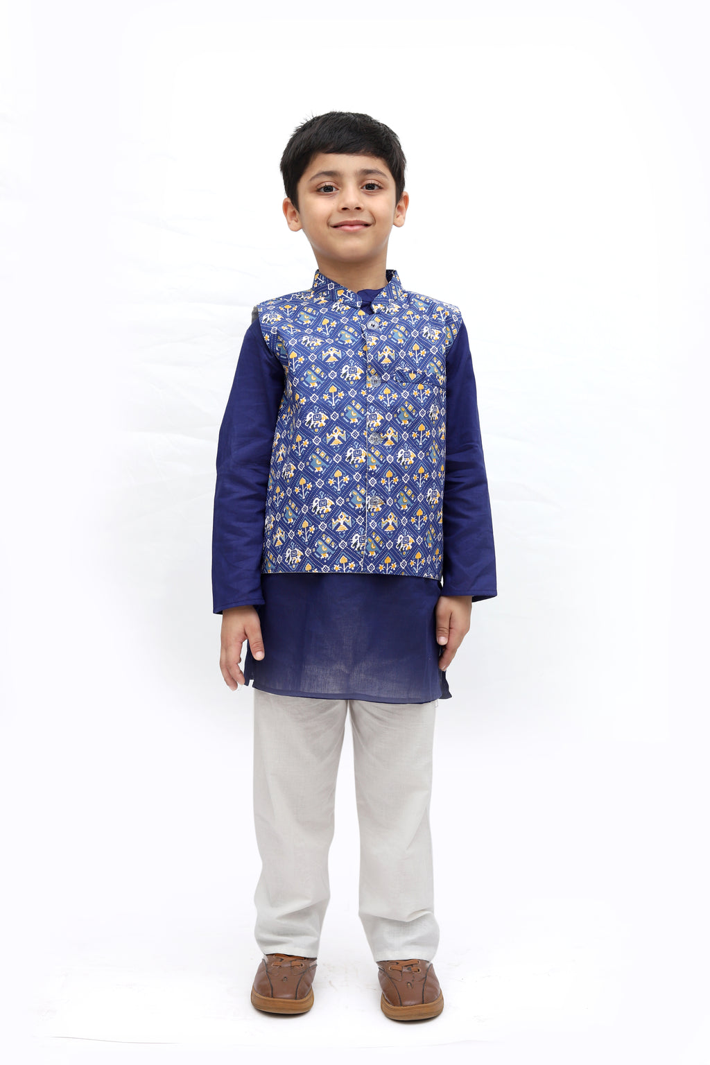 Blue Cotton Printed Nehru Jacket Kurta Set