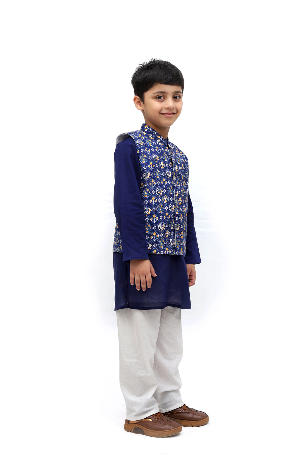 Blue Cotton Printed Nehru Jacket Kurta Set