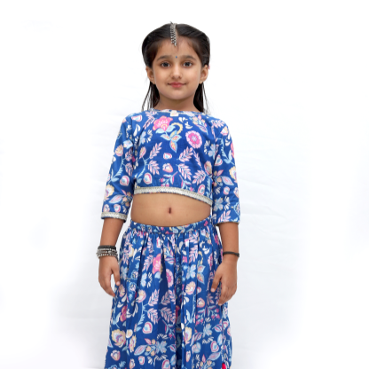 Blue Cotton Floral Lehenga Set