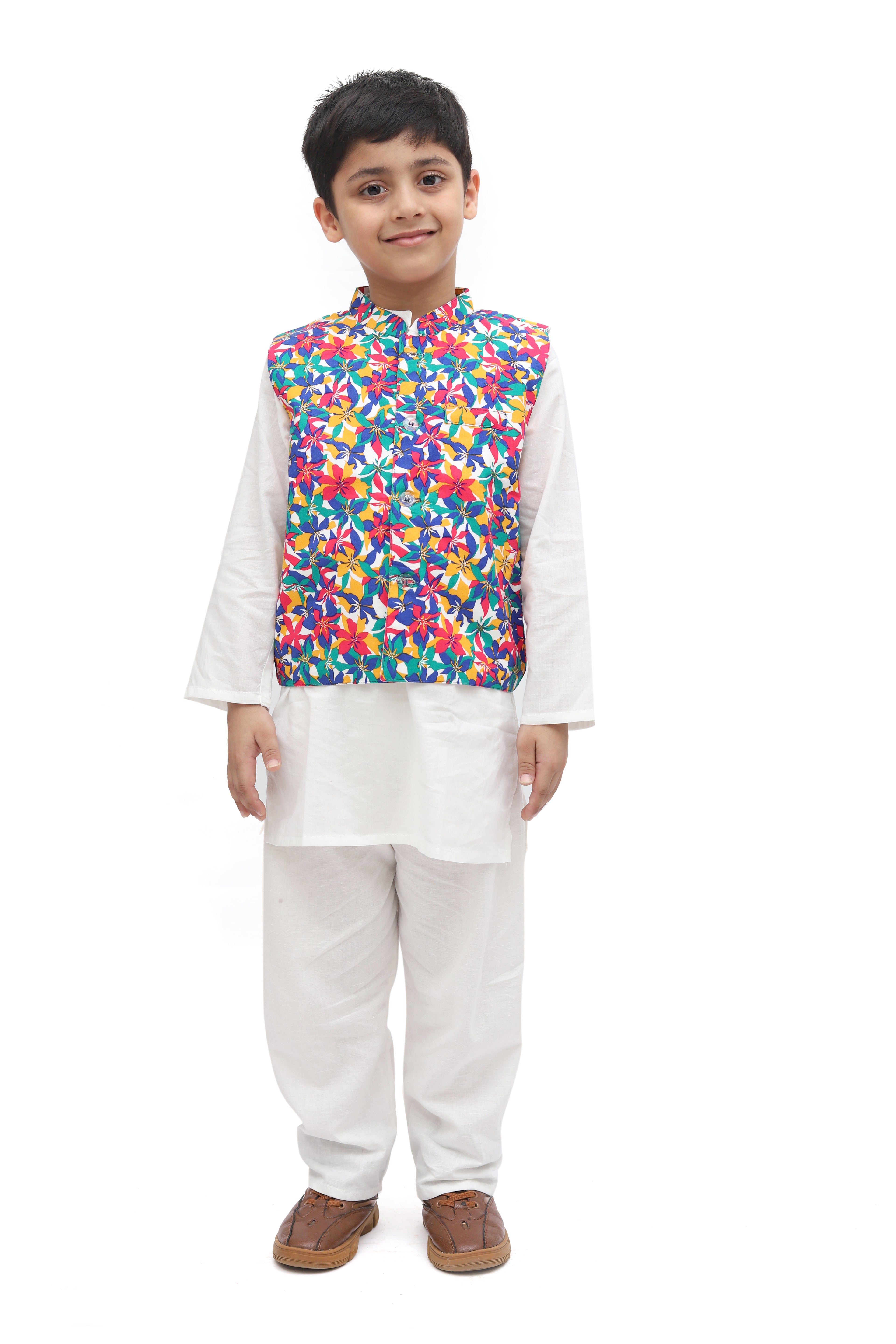 White Cotton Multicolor Nehru Jacket Kurta Set