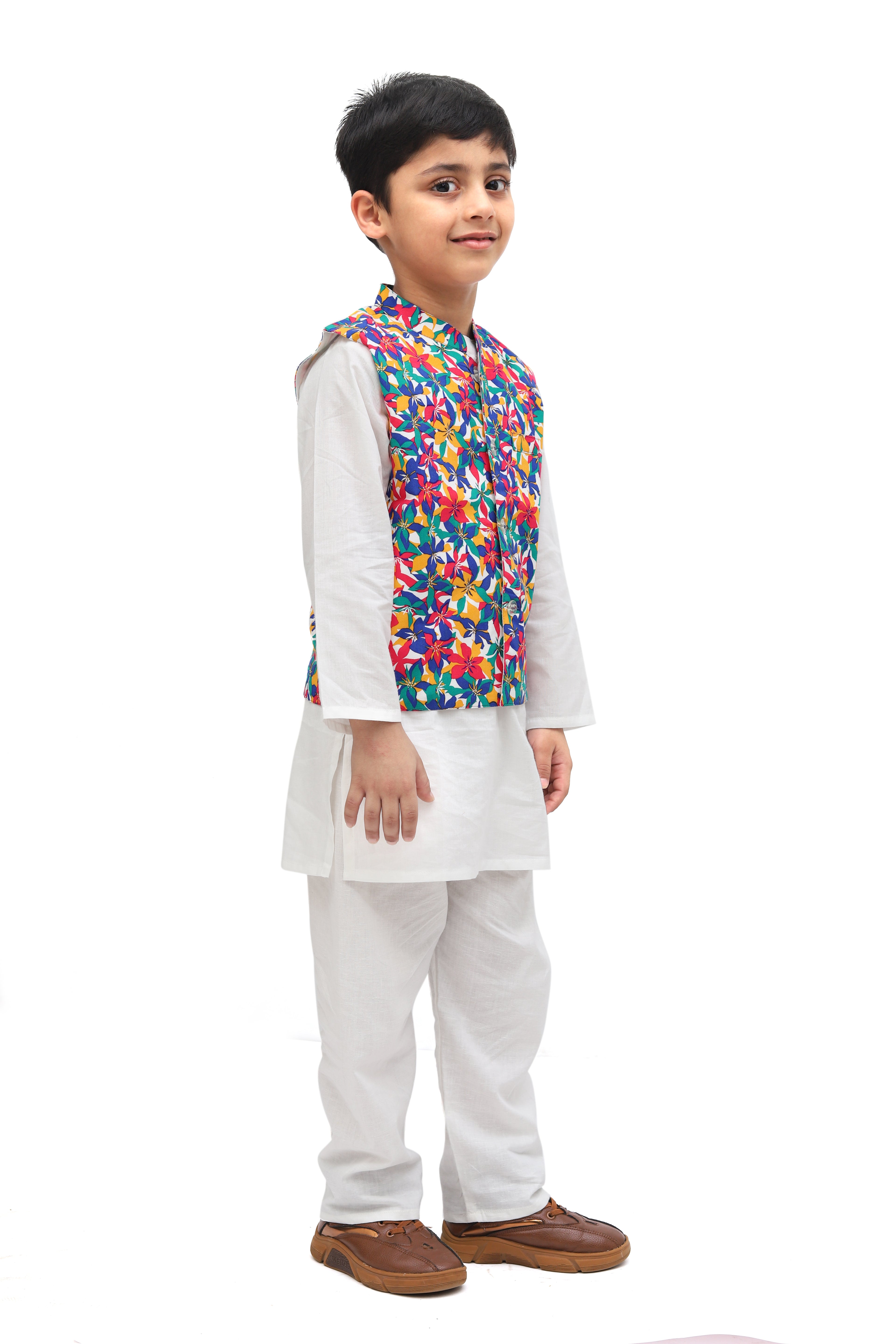White Cotton Multicolor Nehru Jacket Kurta Set