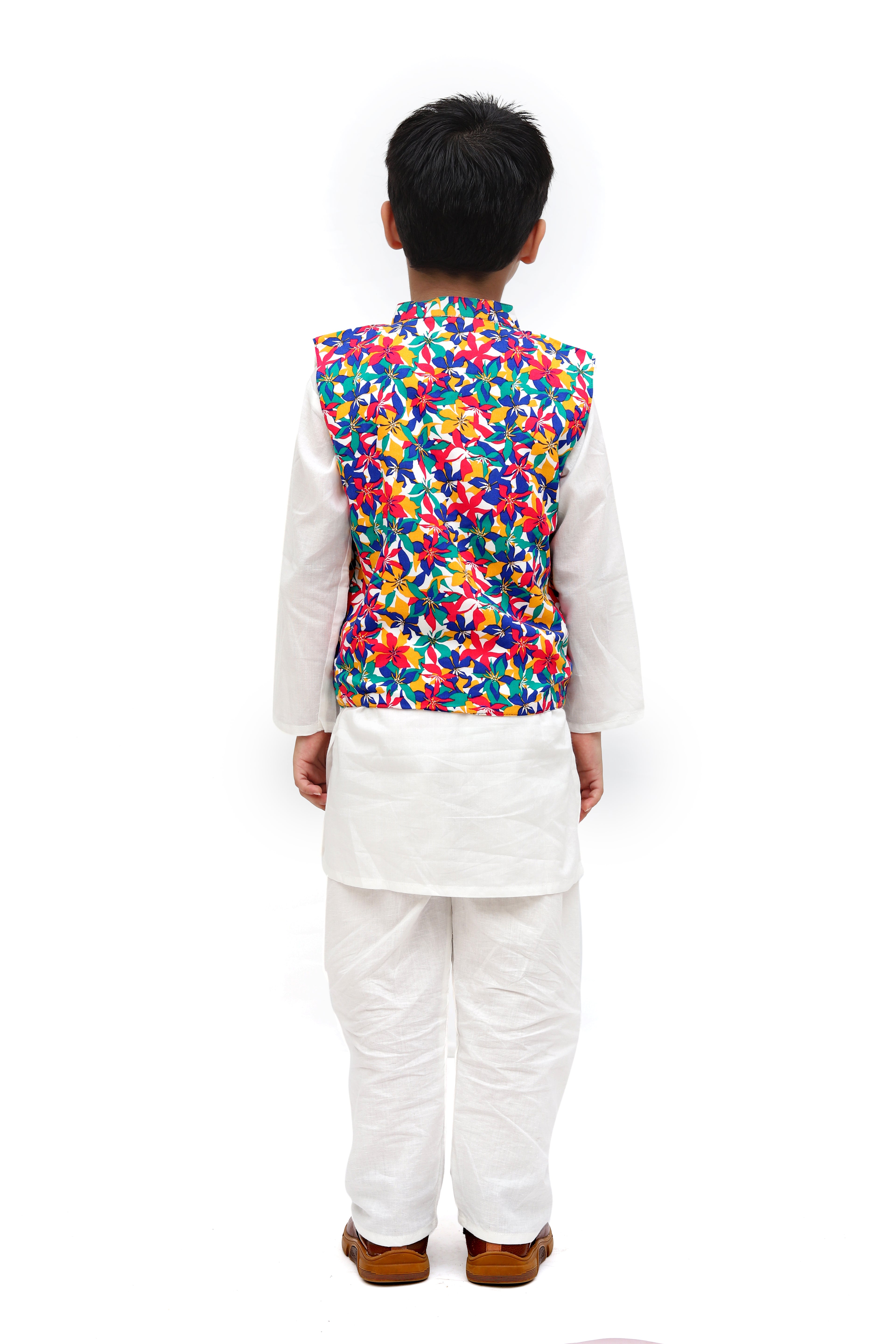 White Cotton Multicolor Nehru Jacket Kurta Set