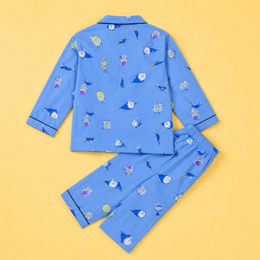 Kids Pure Cotton Fish Print Night Suit Set | Full Sleeve
