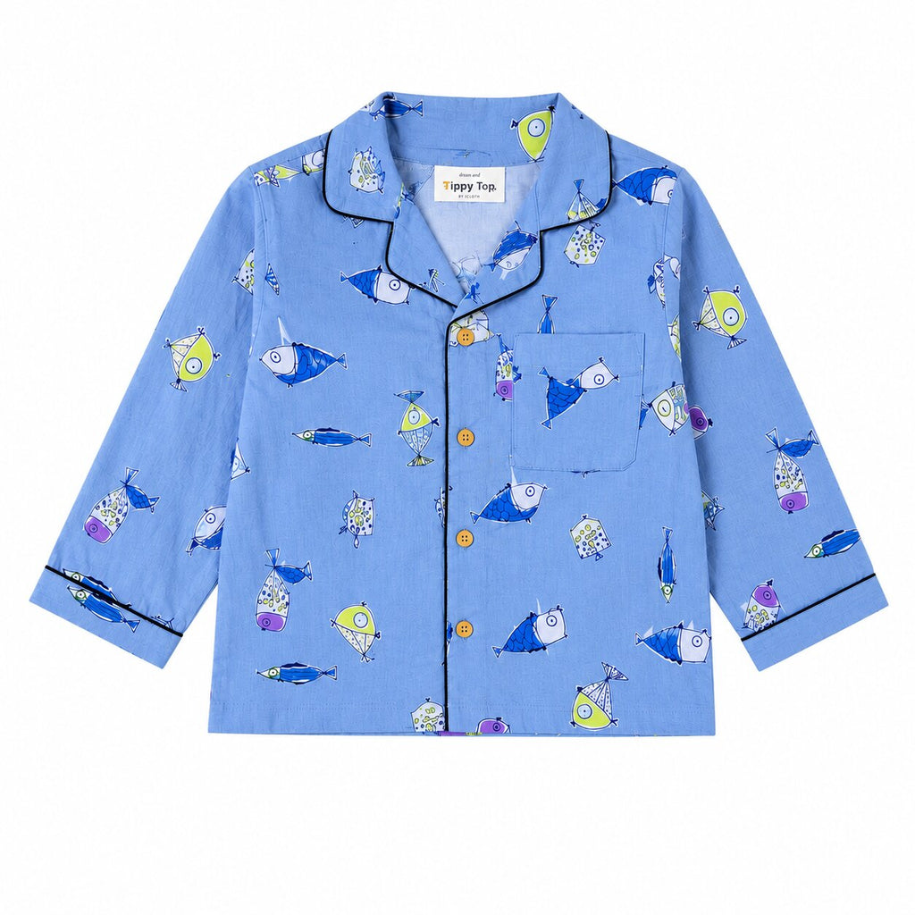 Kids Pure Cotton Fish Print Night Suit Set | Full Sleeve