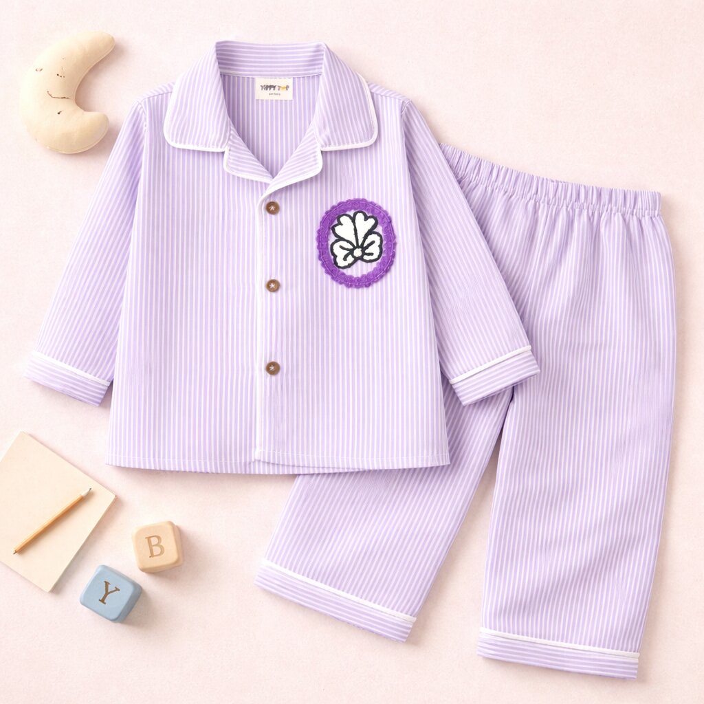 Lavender striped cotton night suit for girls with butterfly patch – kids sleepwear by Tippy Top