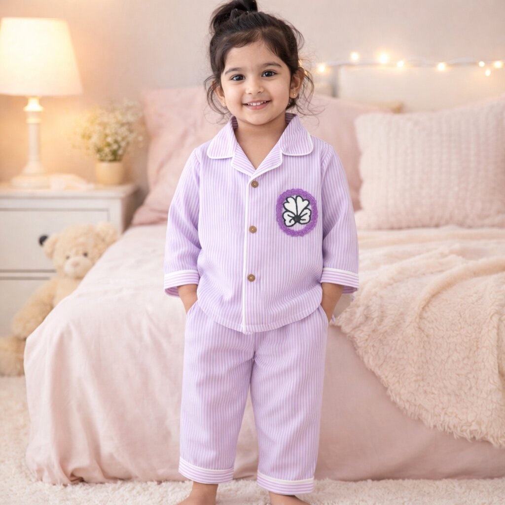 Lavender Striped Cotton Night Suit with Butterfly Patch for Girls