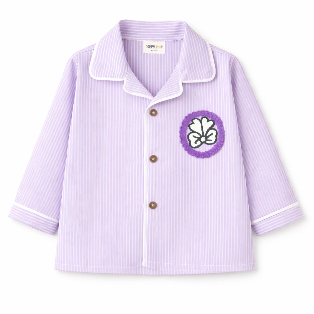 Lavender Striped Cotton Night Suit with Butterfly Patch for Girls