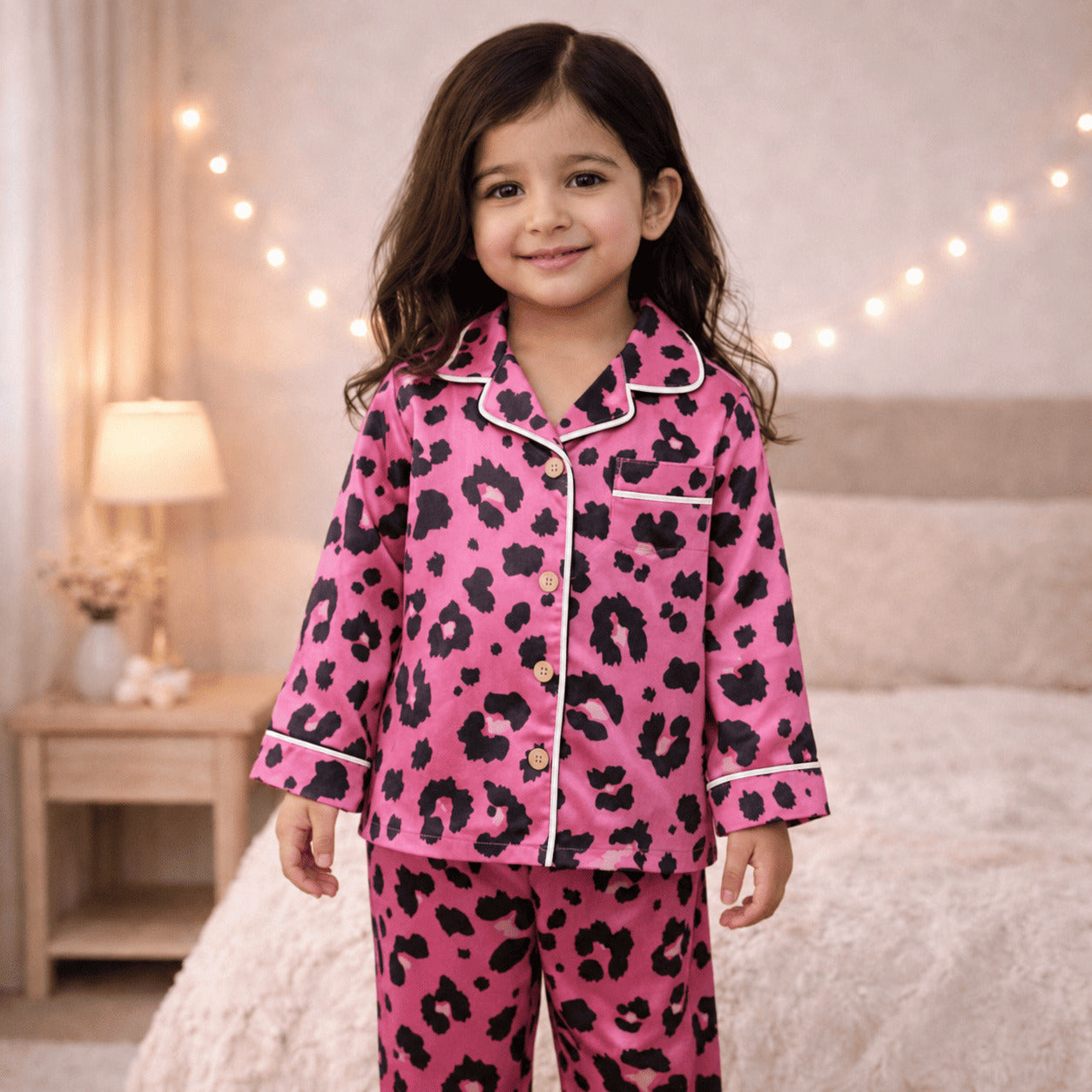 Girls pink leopard satin night suit – flat lay product view