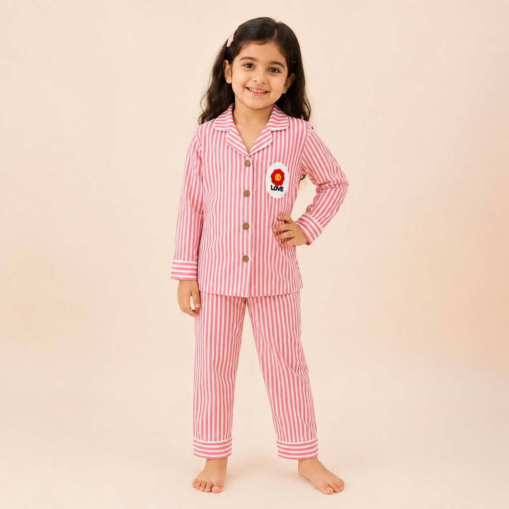 Kids Pure Cotton Night Suit | Red Vertical Stripe Full Sleeve Shirt & Pyjama Set with Flower Patch